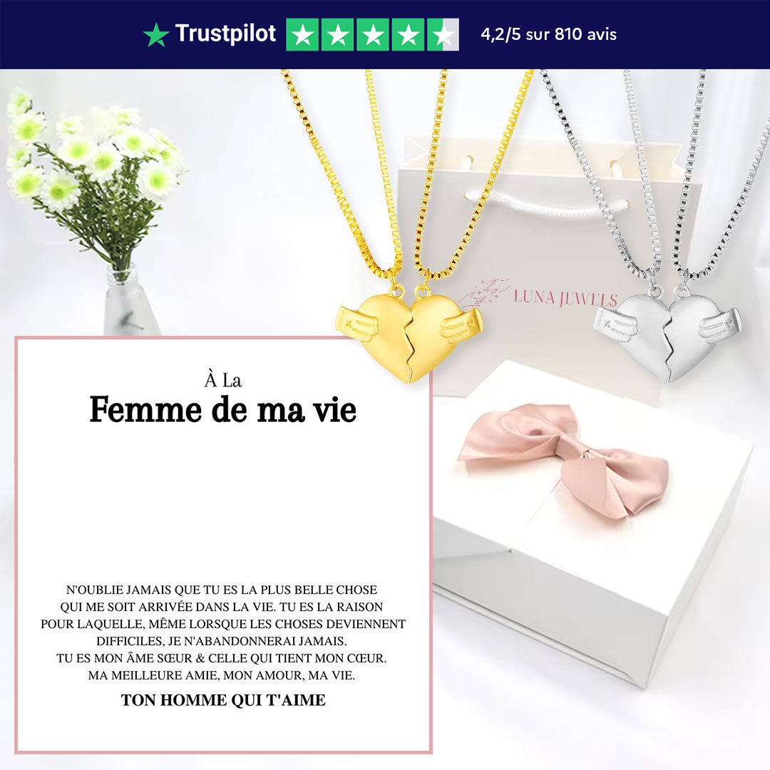 Coffret Ouverture Papillon | Colliers cœurs aimantés - À la femme de ma vie, n'oublie jamais...